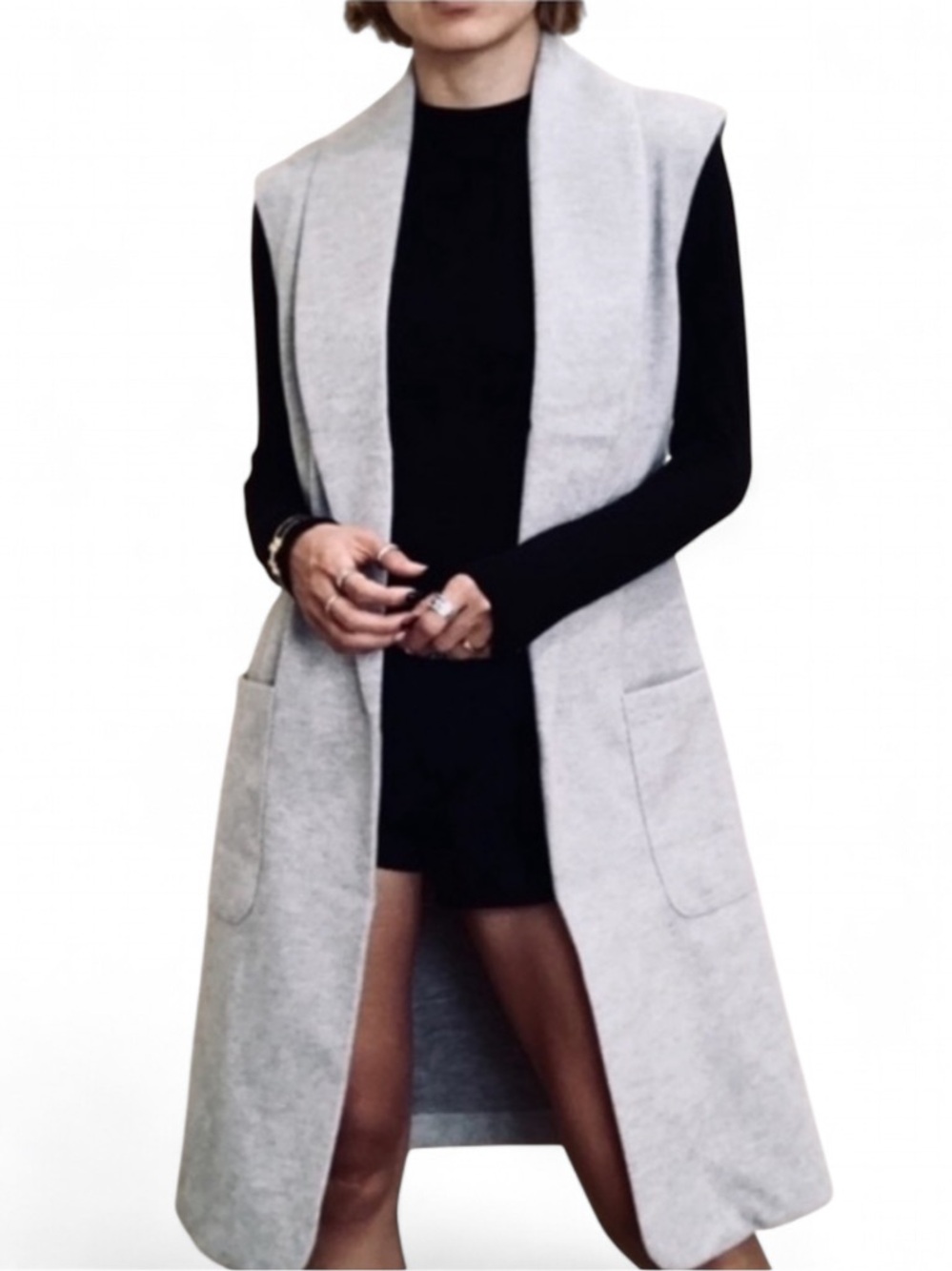 Joie Sleeveless Open Duster Cardigan Longline Pockets L Lagenlook Vest Shawl